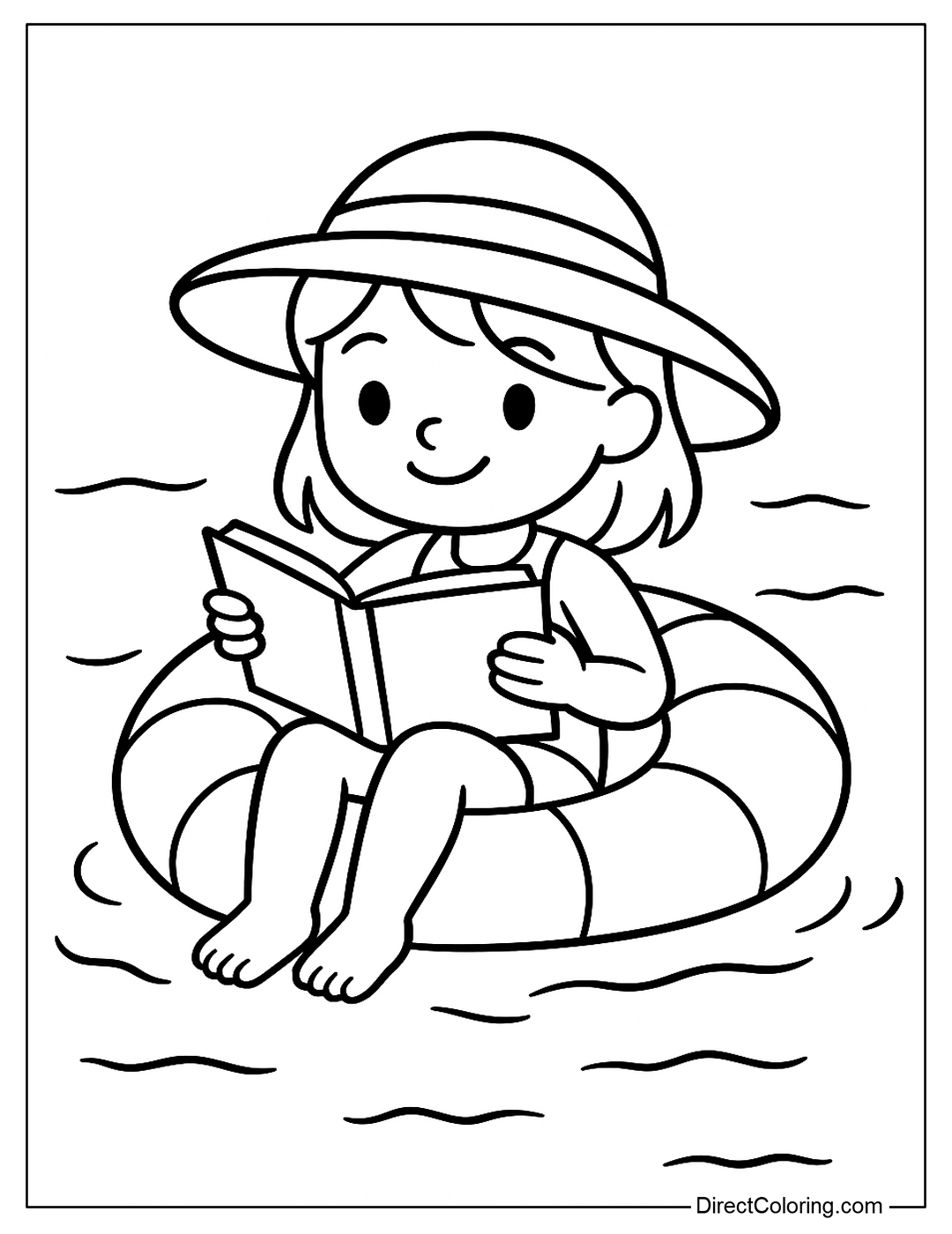 Coloring page of a girl reading a book on a float in the middle of the lake, wearing a wide-brimmed hat